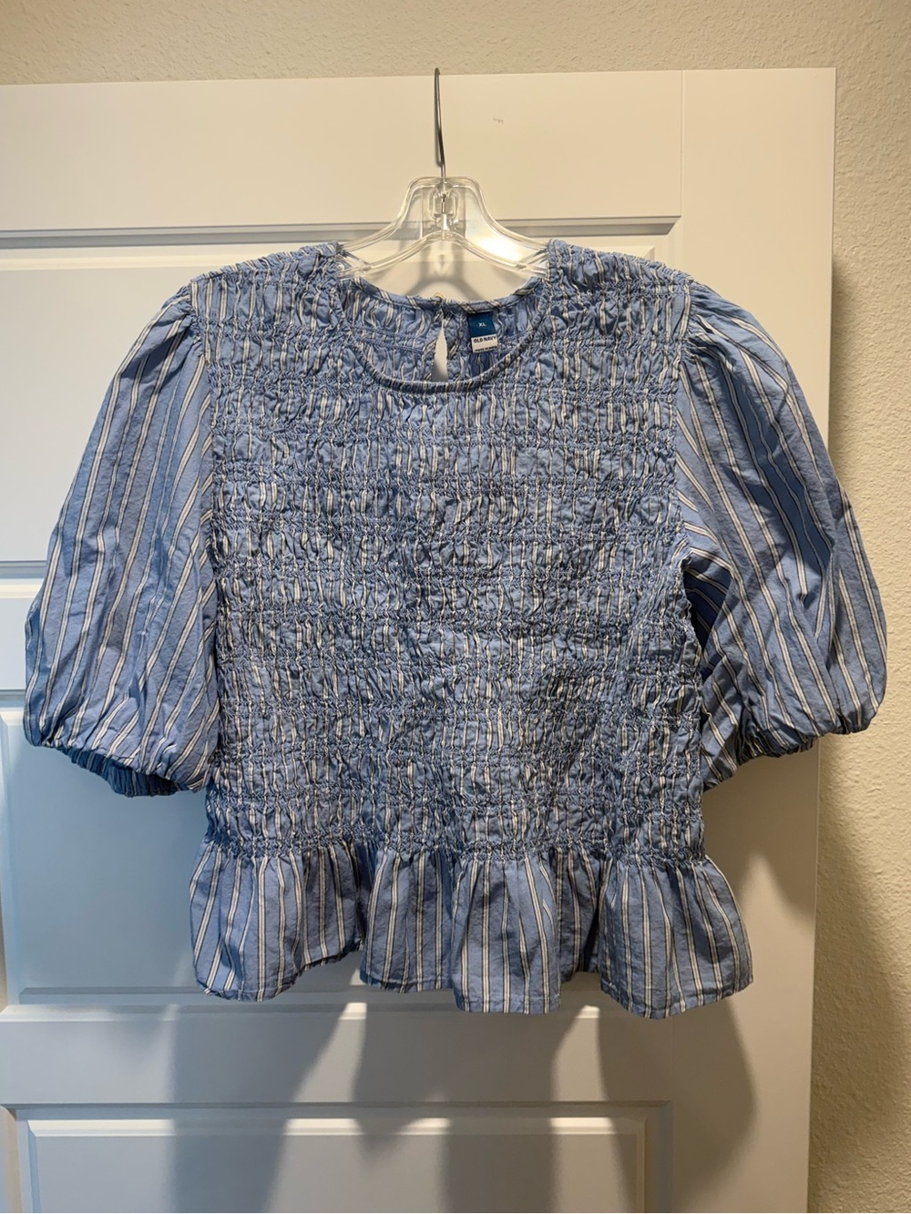 Old Navy Blue and White Striped Smocked Peplum Top XL